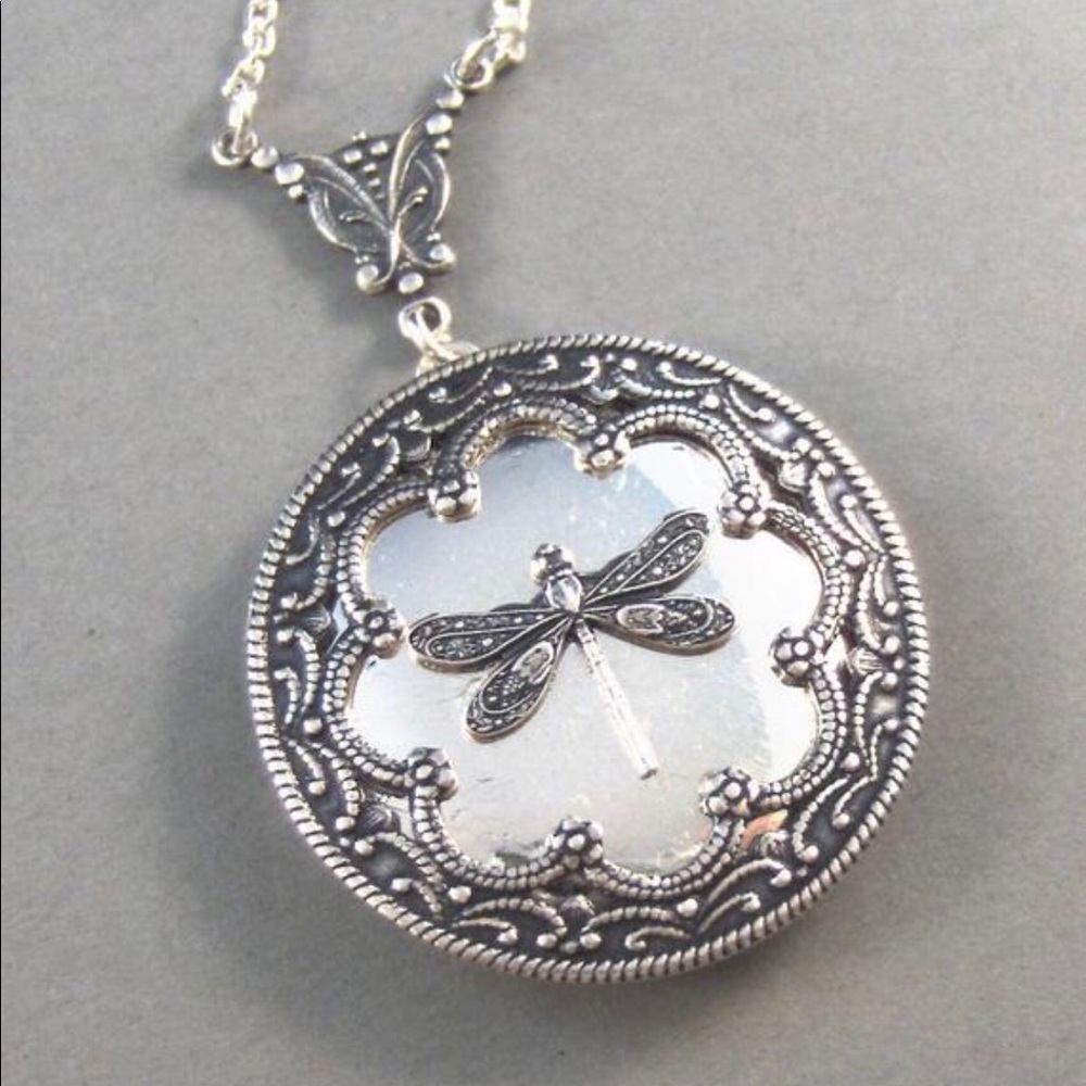 Dragonfly Antique Locket Necklace Silver vintage bohemian boho pendant memory